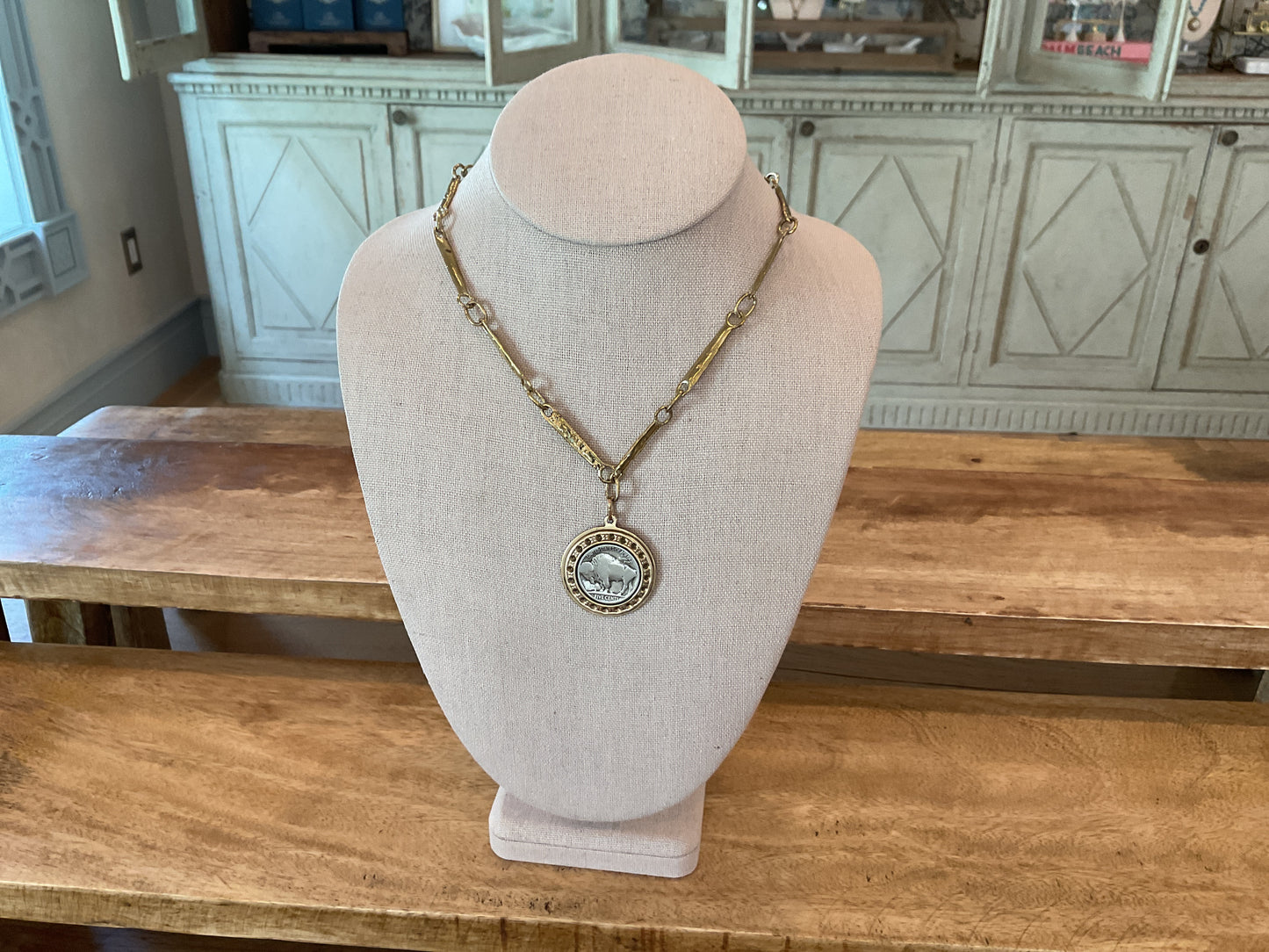 Yellow Brass Bridal Chain Necklace with Buffalo Pendant