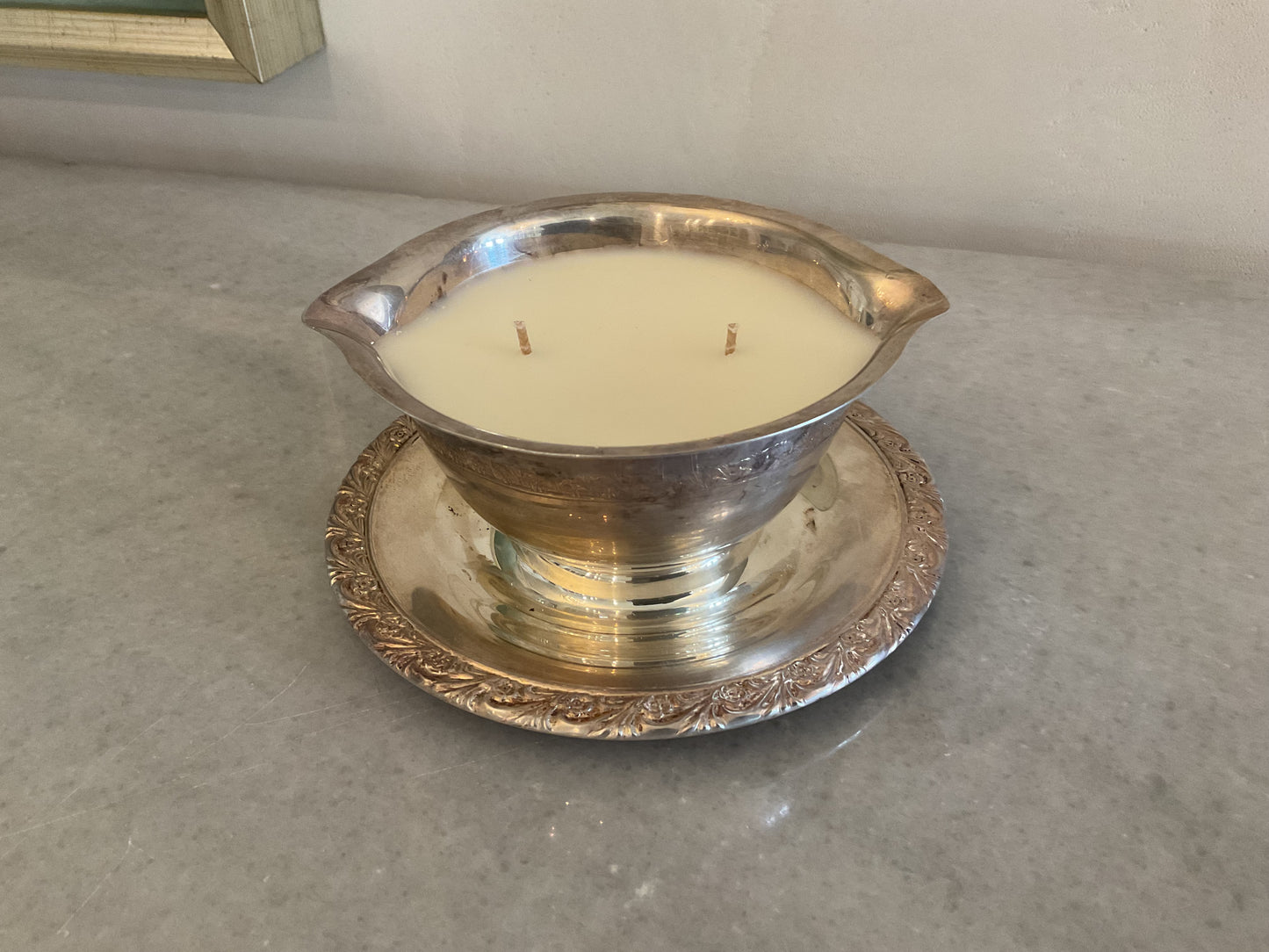 Vintage sliver bowl with saucer candle
