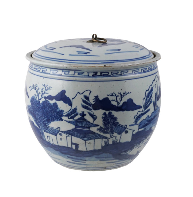 Hand-Painted Stoneware Vintage Ginger Jar w/ Landscape & Brass Ring