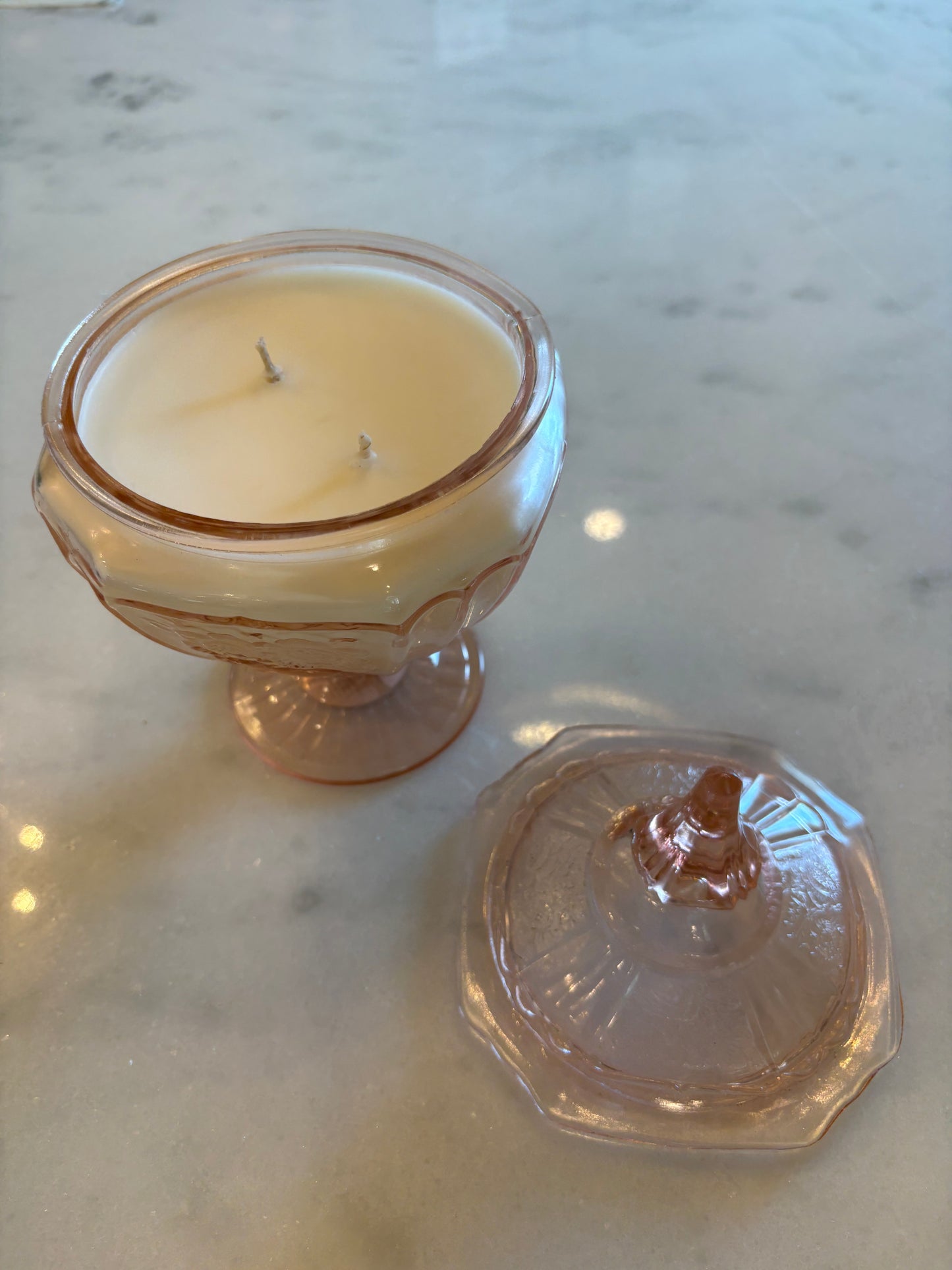 Vintage pink glass candle with lid