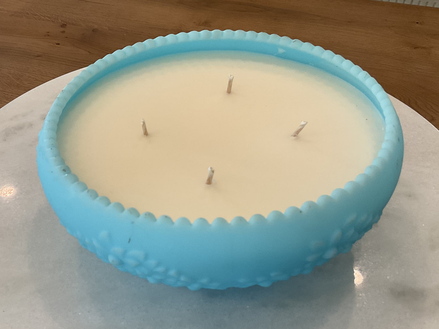 Vintage blue milk glass candle