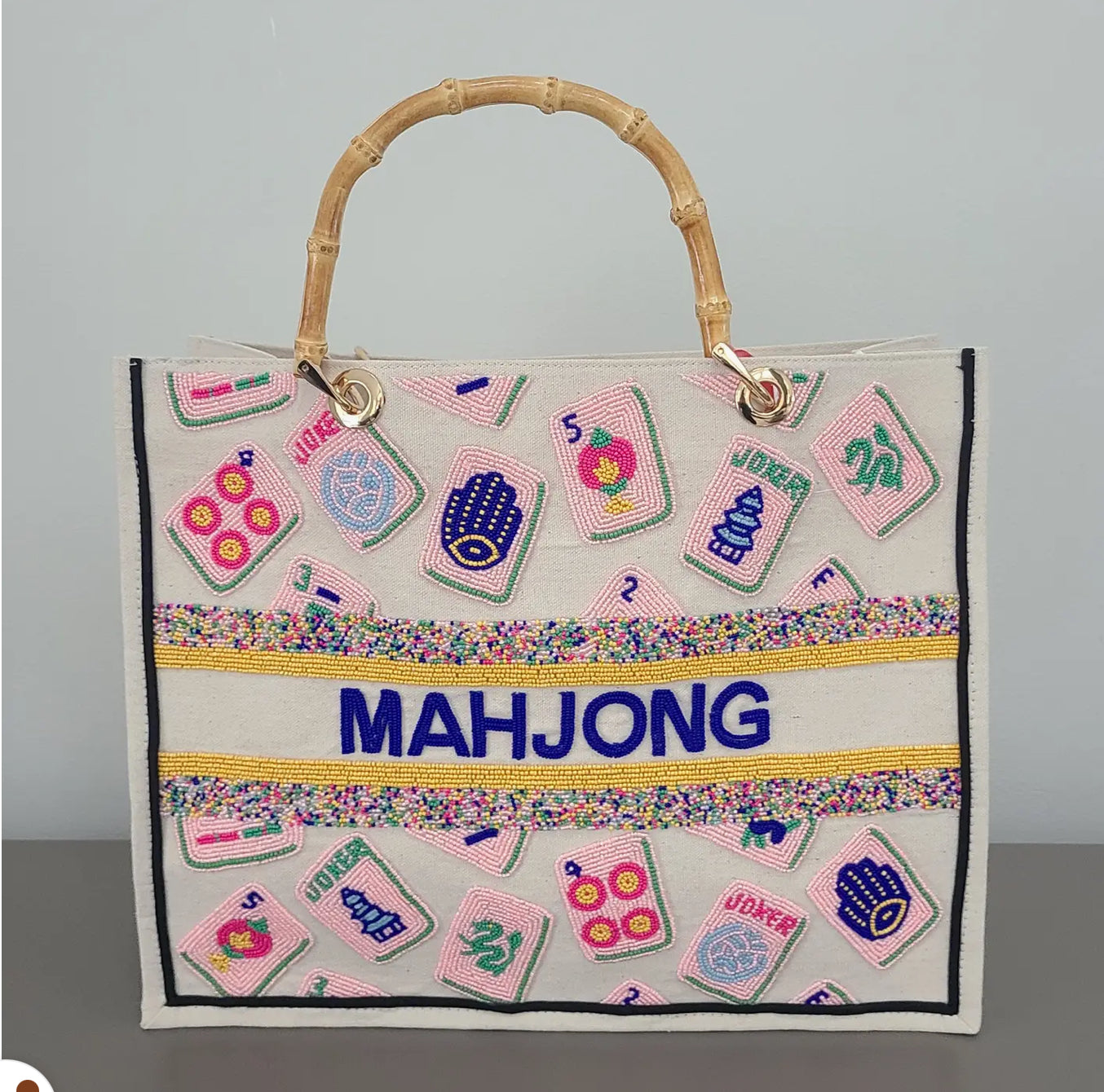 Mahjong Tote Handbag with bamboo handles