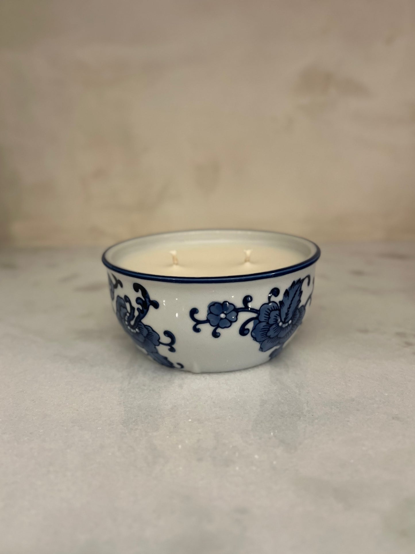 Vintage blue and white floral bowl candle