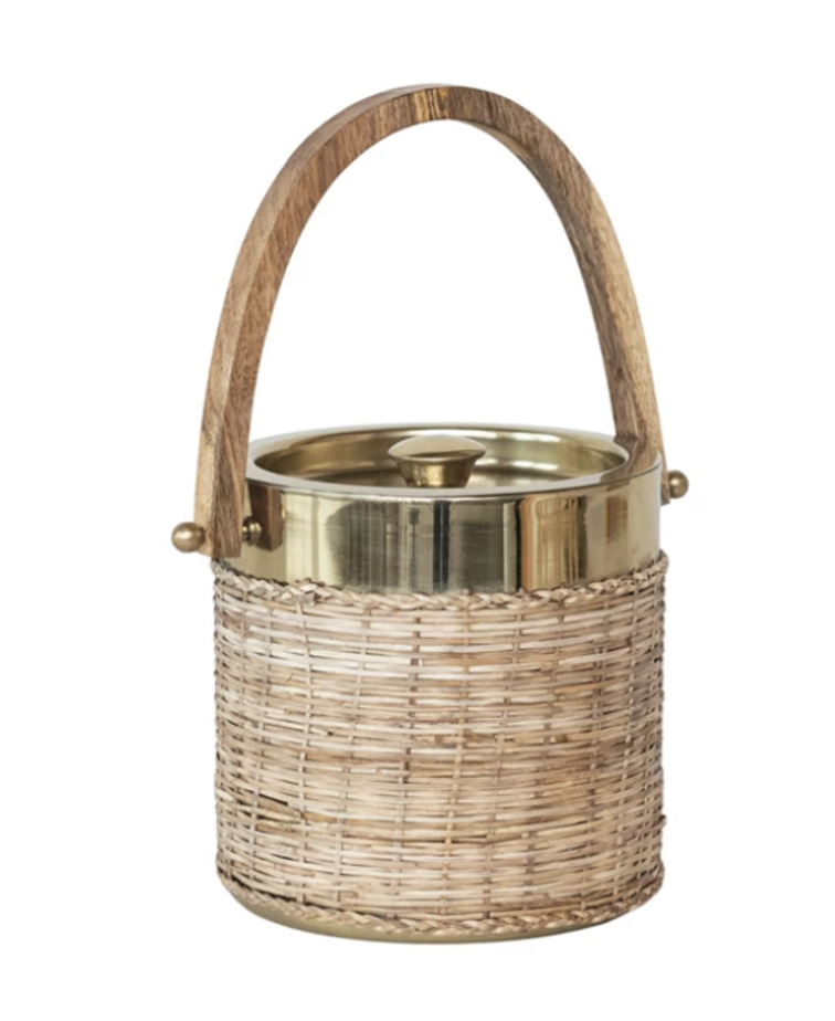 1-1/2 Quart Stainless Steel & Woven Rattan Ice Bucket w/ Mango Wood Handle