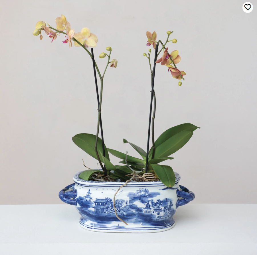 Oval Hand-Painted Stoneware Vintage Reproduction Planter w/ Landscape & Handles