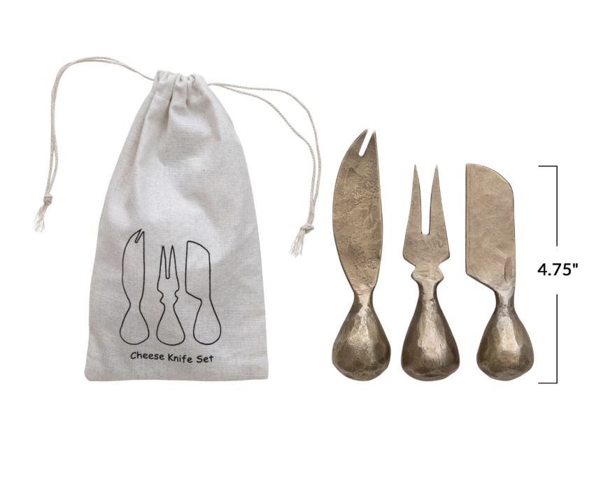 Hand-Forged Iron Cheese Knives w/ Hammered Handles, Set of 3 in Printed Drawstring Bag
