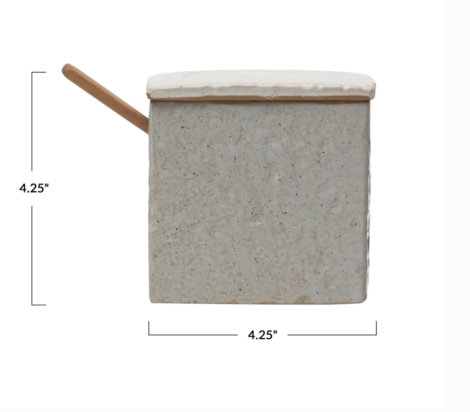 Stoneware Salt Cellar w/ Pine Wood Spoon, Reactive Glaze