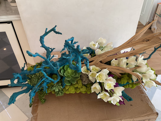 Teal driftwood moss centerpiece