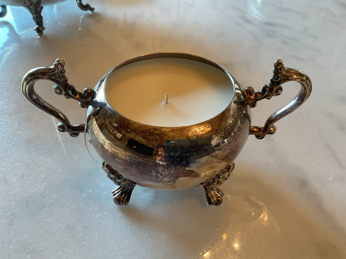 Antique silver candle with legs & handles