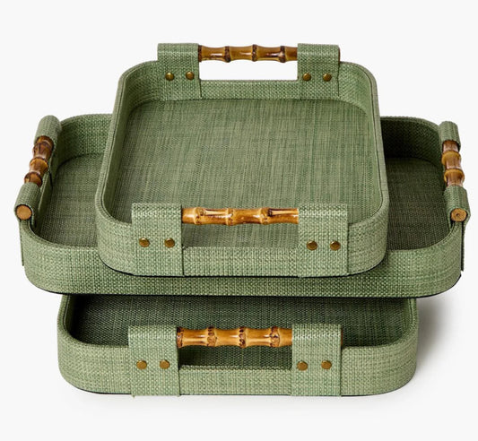 Monaco Green Faux Seagrass Nested Decorative Rectangle Tray - small, medium and large.