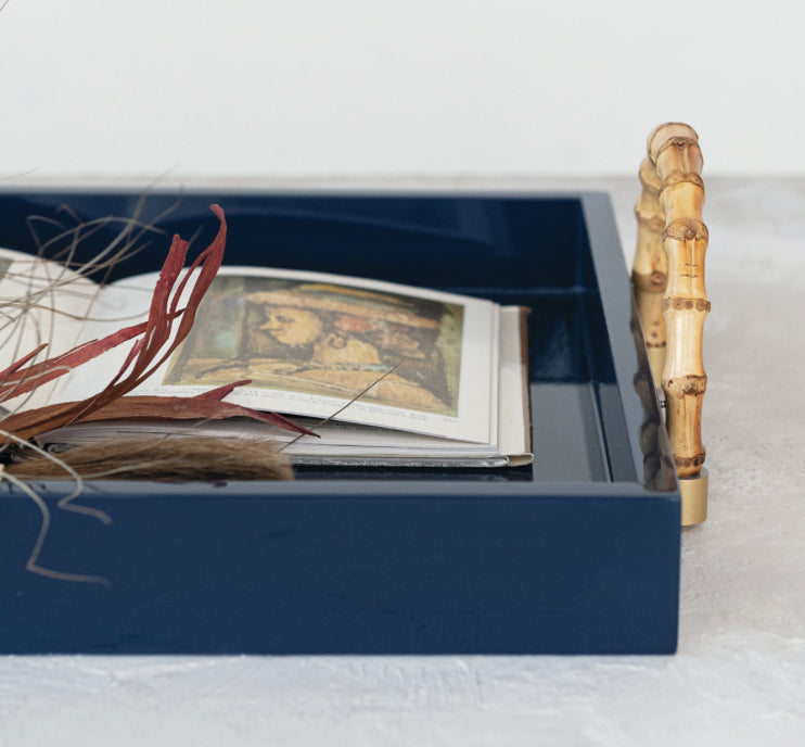 Navy Lacquered Tray with bamboo handles