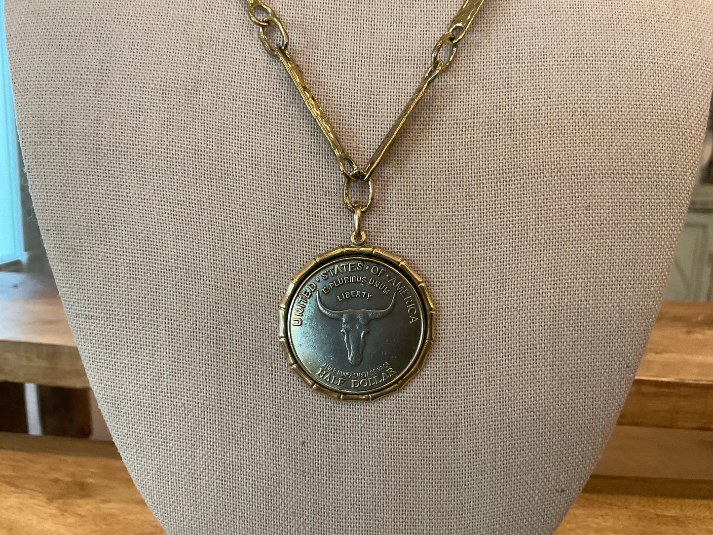 Yellow Brass Bridal Chain Necklace with Longhorn Pendant