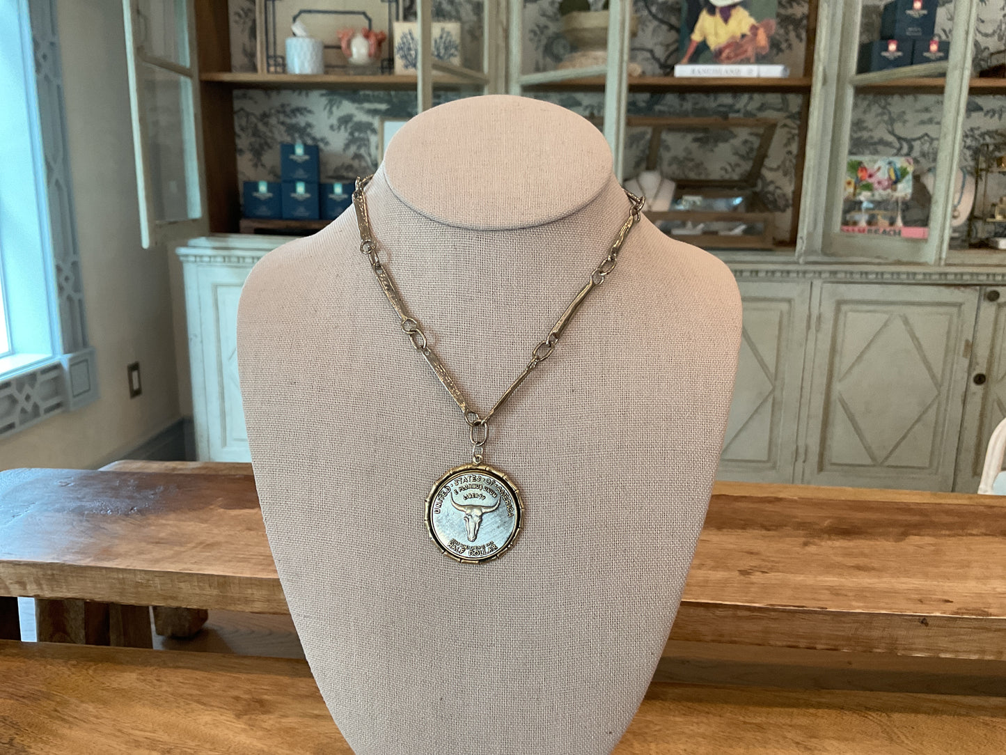 White Brass Bridal Chain Necklace with Longhorn Pendant