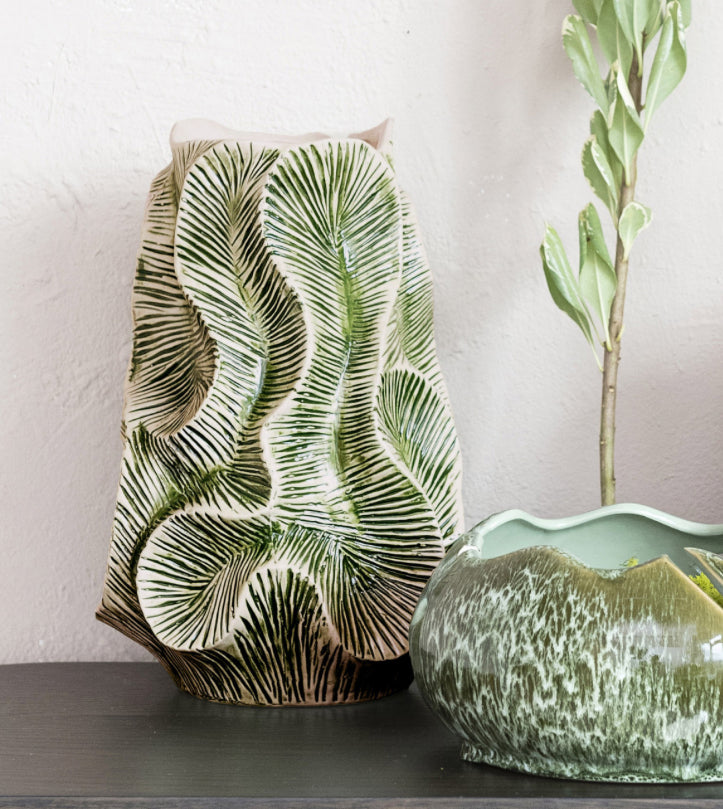 Green Textured Stoneware Organic Shaped Vase