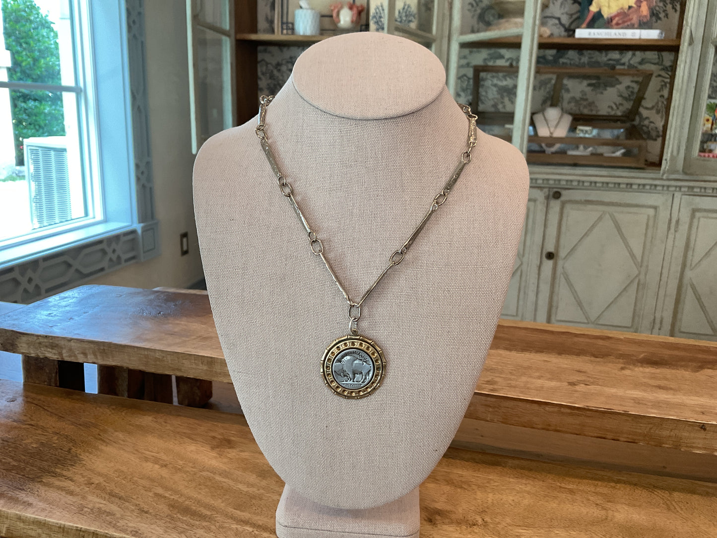 White Brass Bridal Chain Necklace with Buffalo Pendant