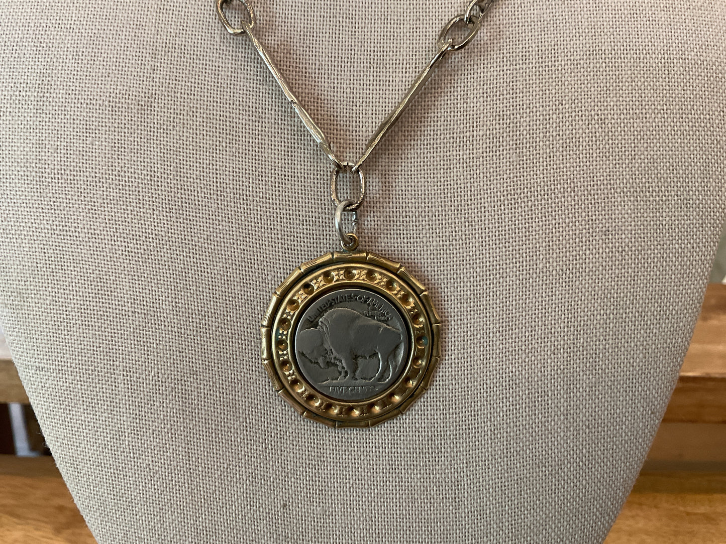 White Brass Bridal Chain Necklace with Buffalo Pendant
