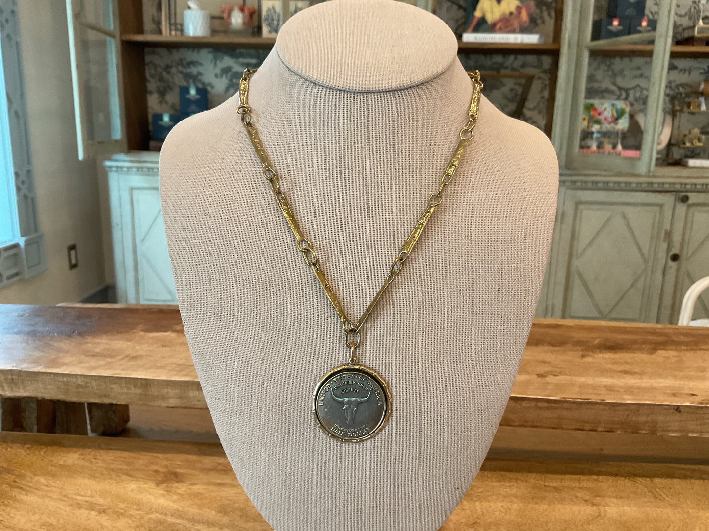 Yellow Brass Bridal Chain Necklace with Longhorn Pendant