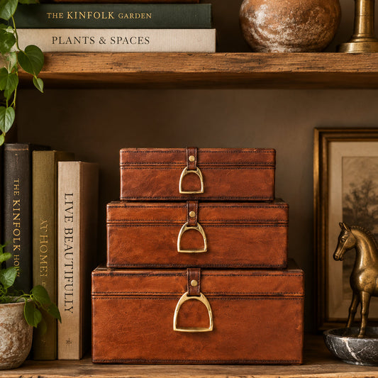 Reclaimed Wood and Leather Nesting box with brass closures and flocked interior