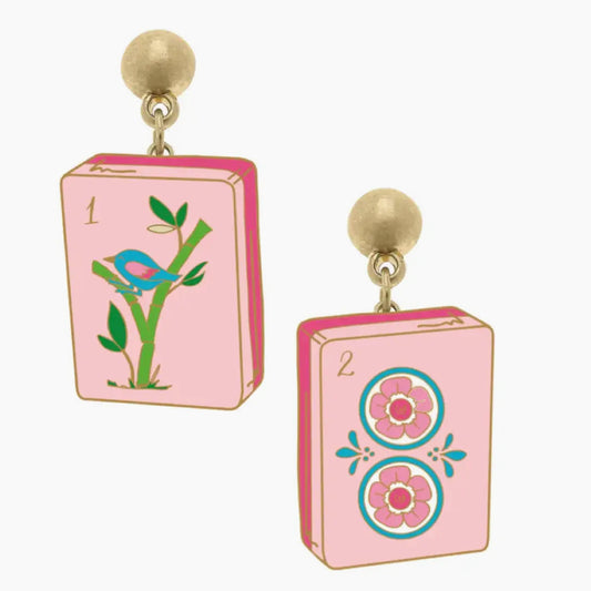 Mahjong Tile Enamel Earrings in Light Pink