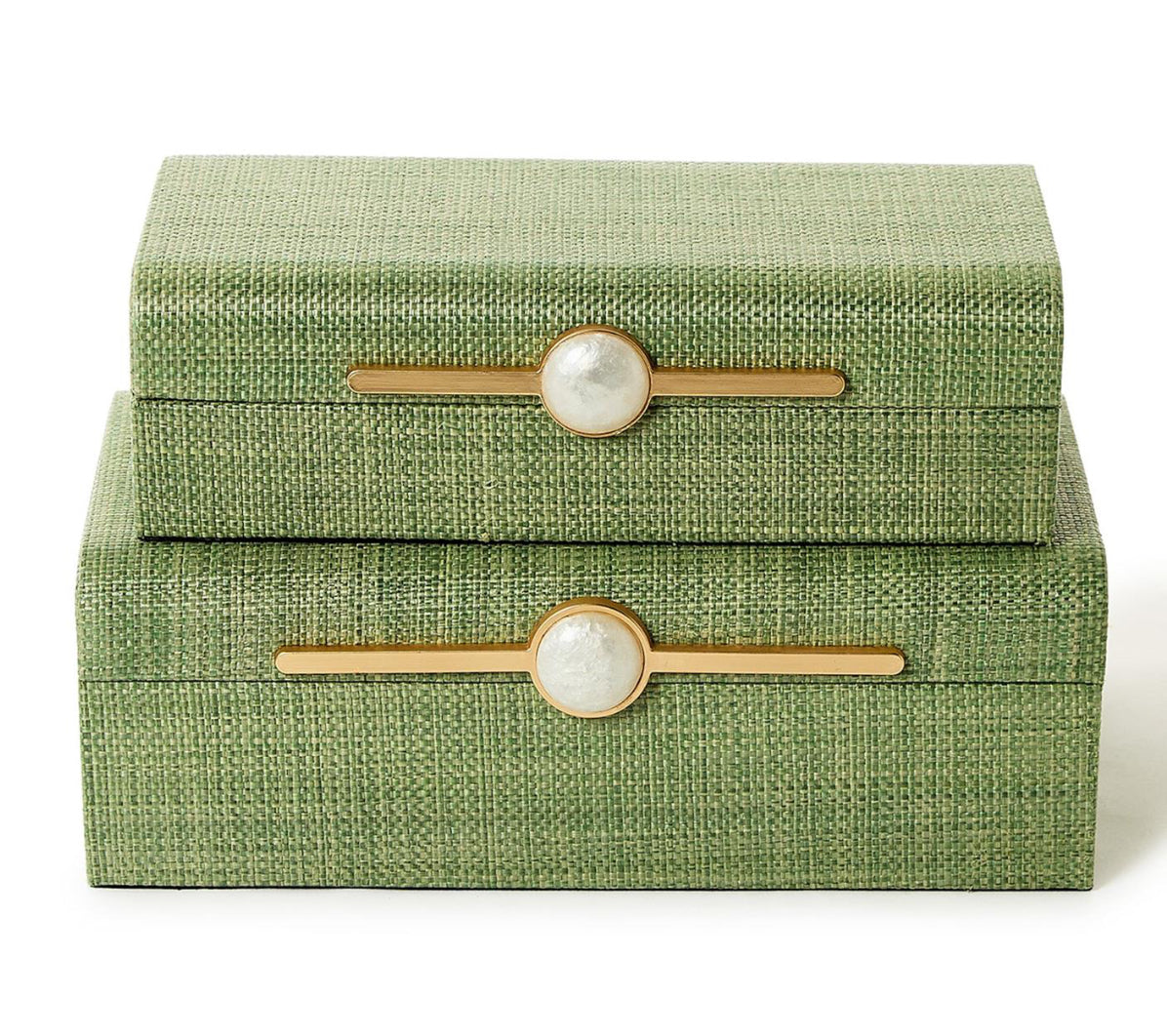 Monaco Green Faux Seagrass Nested Decorative Boxes with Faux Mop Accent  Size - small & large