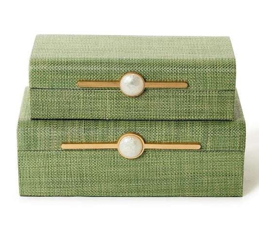 Monaco Green Faux Seagrass Nested Decorative Boxes with Faux Mop Accent  Size - small & large