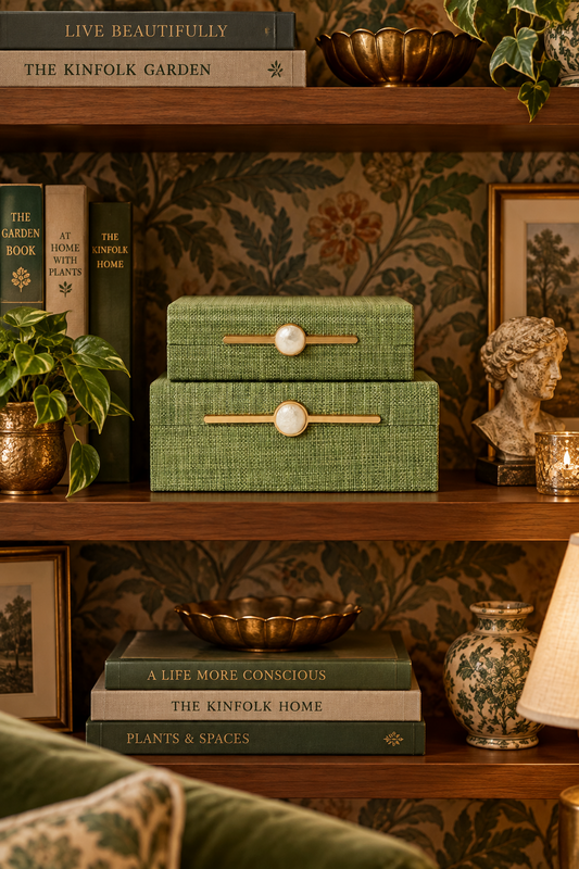 Monaco Green Faux Seagrass Nested Decorative Boxes with Faux Mop Accent  Size - small & large