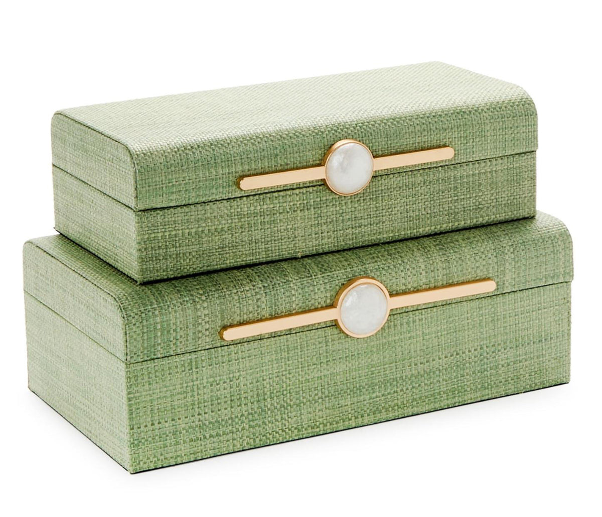 Monaco Green Faux Seagrass Nested Decorative Boxes with Faux Mop Accent  Size - small & large