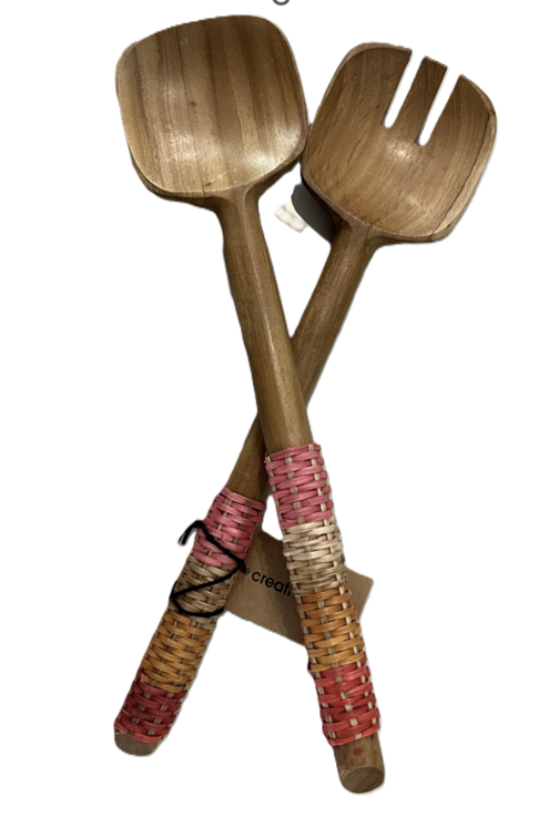 Teakwood Salad Servers w/ Rattan Wrapped Handles, multi set of 2