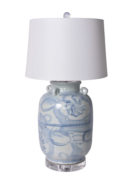 Blue & White Four Loop Handle Jar Twisted Flower Lamp