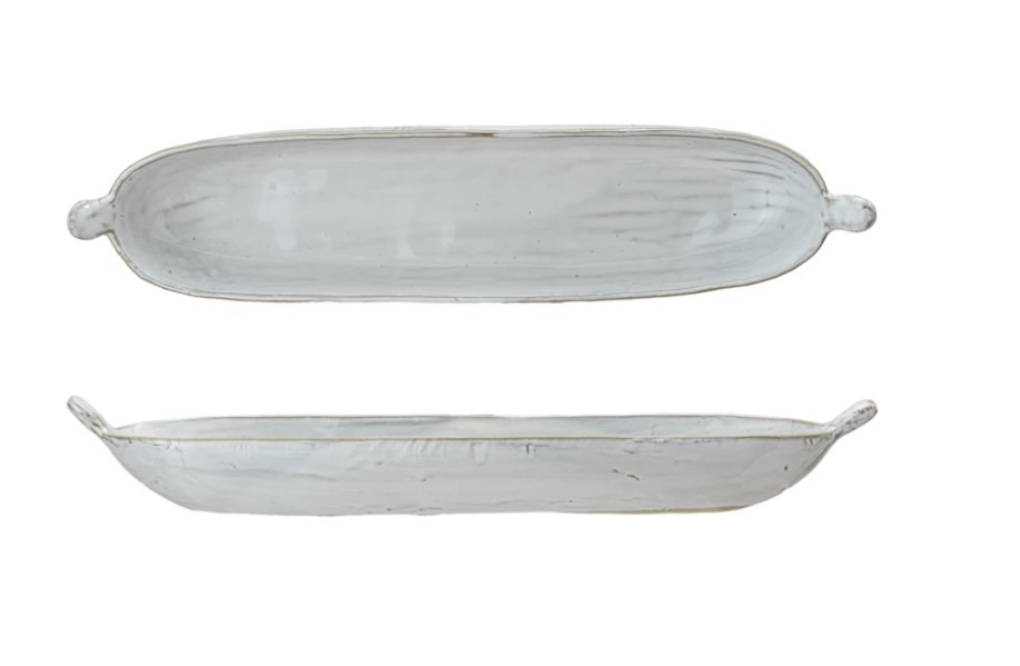Large Stoneware Dish with Handles, white