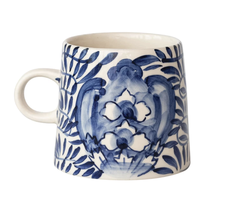 10 oz. Hand-Painted Stoneware Mug with Design, Cream Color & Blue