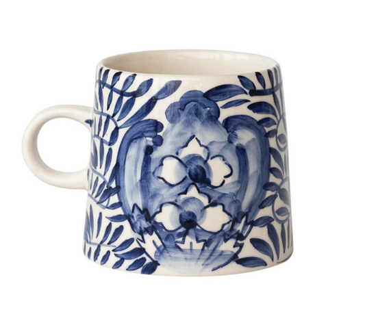 10 oz. Hand-Painted Stoneware Mug with Design, Cream Color & Blue