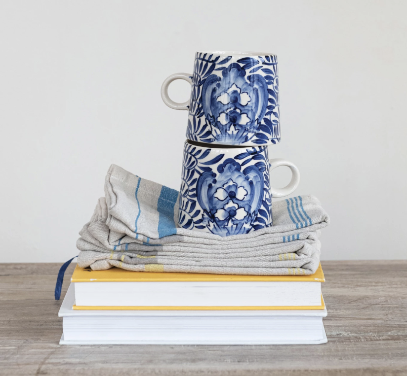 10 oz. Hand-Painted Stoneware Mug with Design, Cream Color & Blue