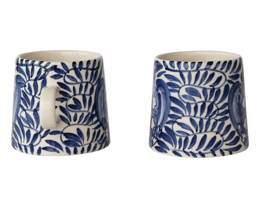 10 oz. Hand-Painted Stoneware Mug with Design, Cream Color & Blue