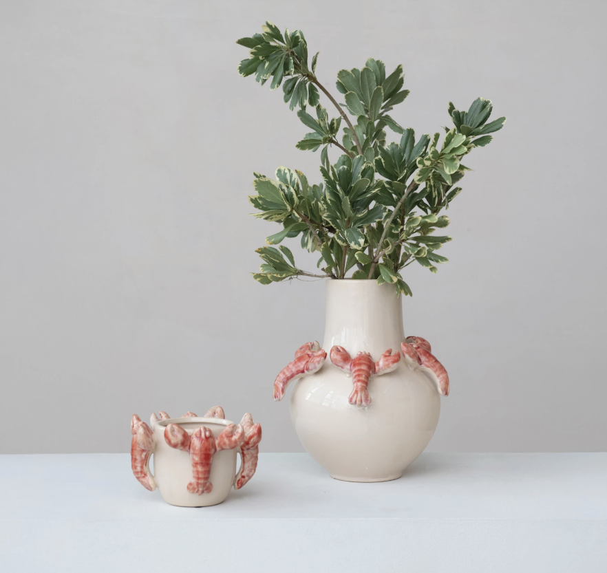 Stoneware Planter w/ 3D Lobsters, Reactive Glaze