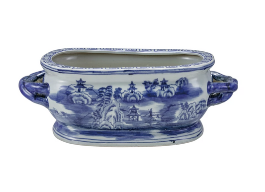 Oval Hand-Painted Stoneware Vintage Reproduction Planter w/ Landscape & Handles