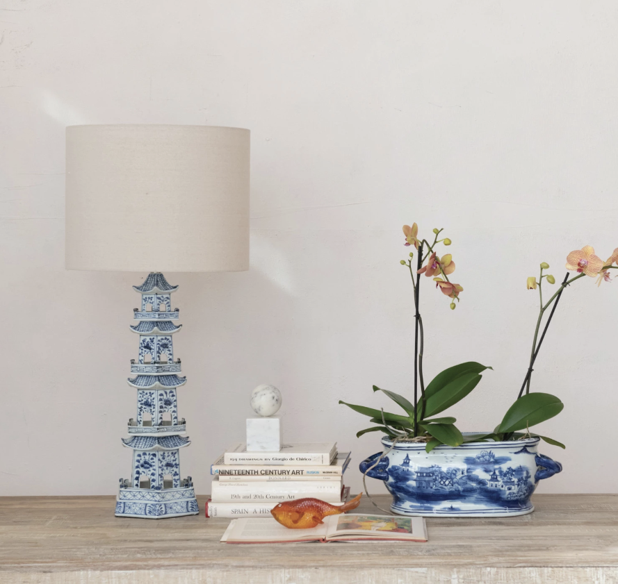 Oval Hand-Painted Stoneware Vintage Reproduction Planter w/ Landscape & Handles