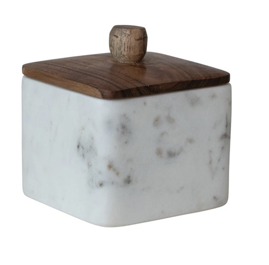 Marble Container w/ Acacia Wood Lid, White & Natural