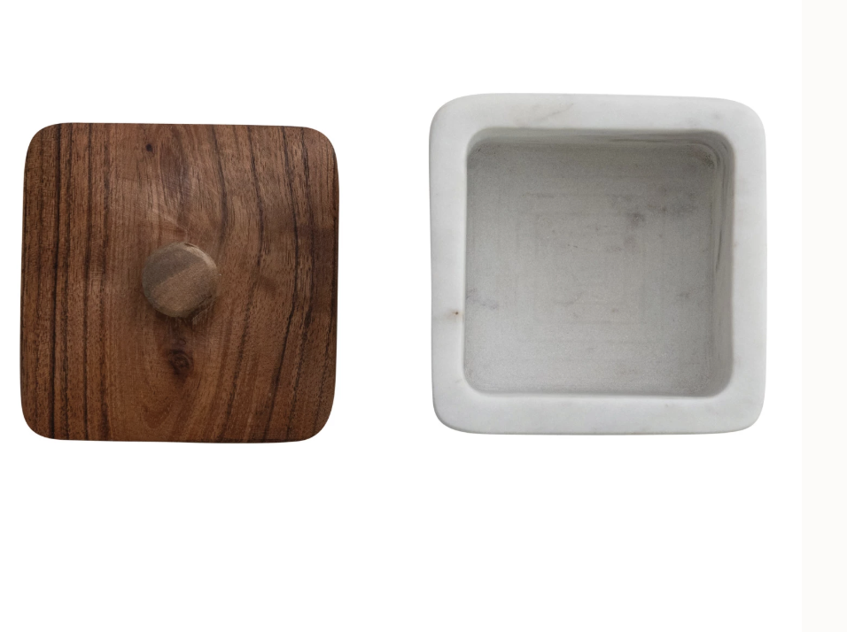 Marble Container w/ Acacia Wood Lid, White & Natural