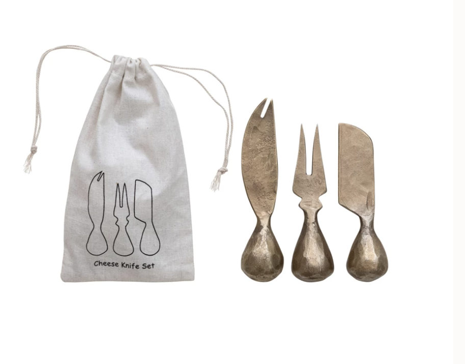 Hand-Forged Iron Cheese Knives w/ Hammered Handles, Set of 3 in Printed Drawstring Bag