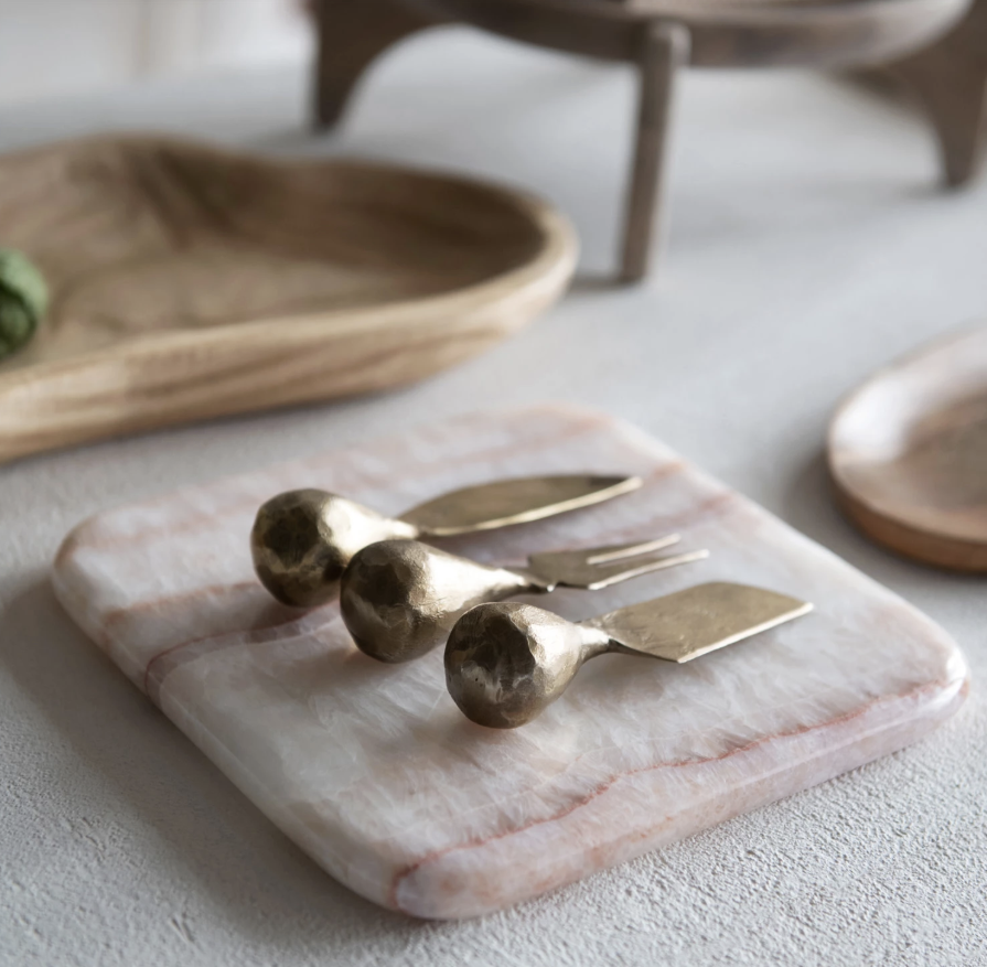 Hand-Forged Iron Cheese Knives w/ Hammered Handles, Set of 3 in Printed Drawstring Bag