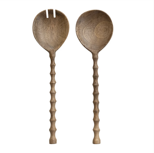 Mango Wood Salad Servers with Carved Handles, Natural, Set of 2