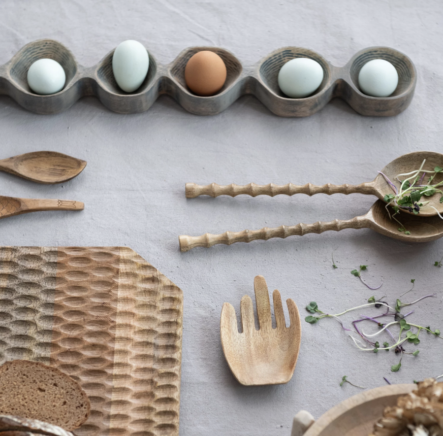 Mango Wood Salad Servers with Carved Handles, Natural, Set of 2