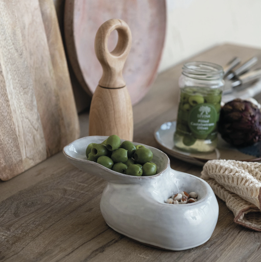 Stoneware Pedestal Dish w/ 2 Sections, Reactive Glaze