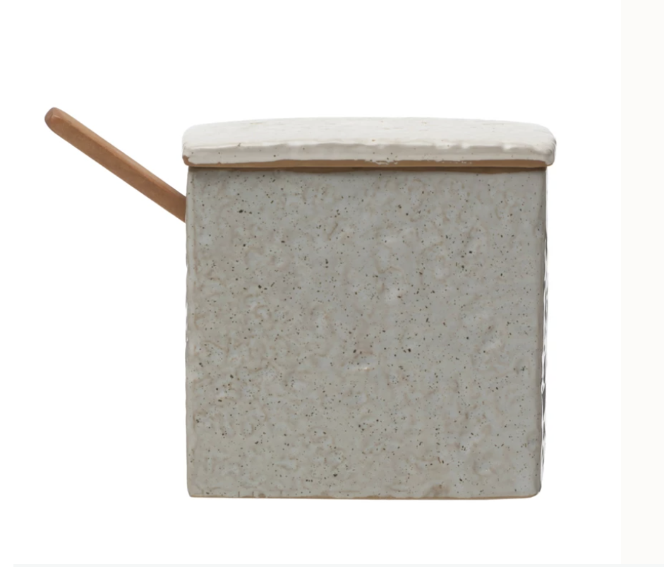 Stoneware Salt Cellar w/ Pine Wood Spoon, Reactive Glaze