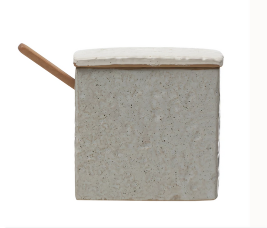 Stoneware Salt Cellar w/ Pine Wood Spoon, Reactive Glaze